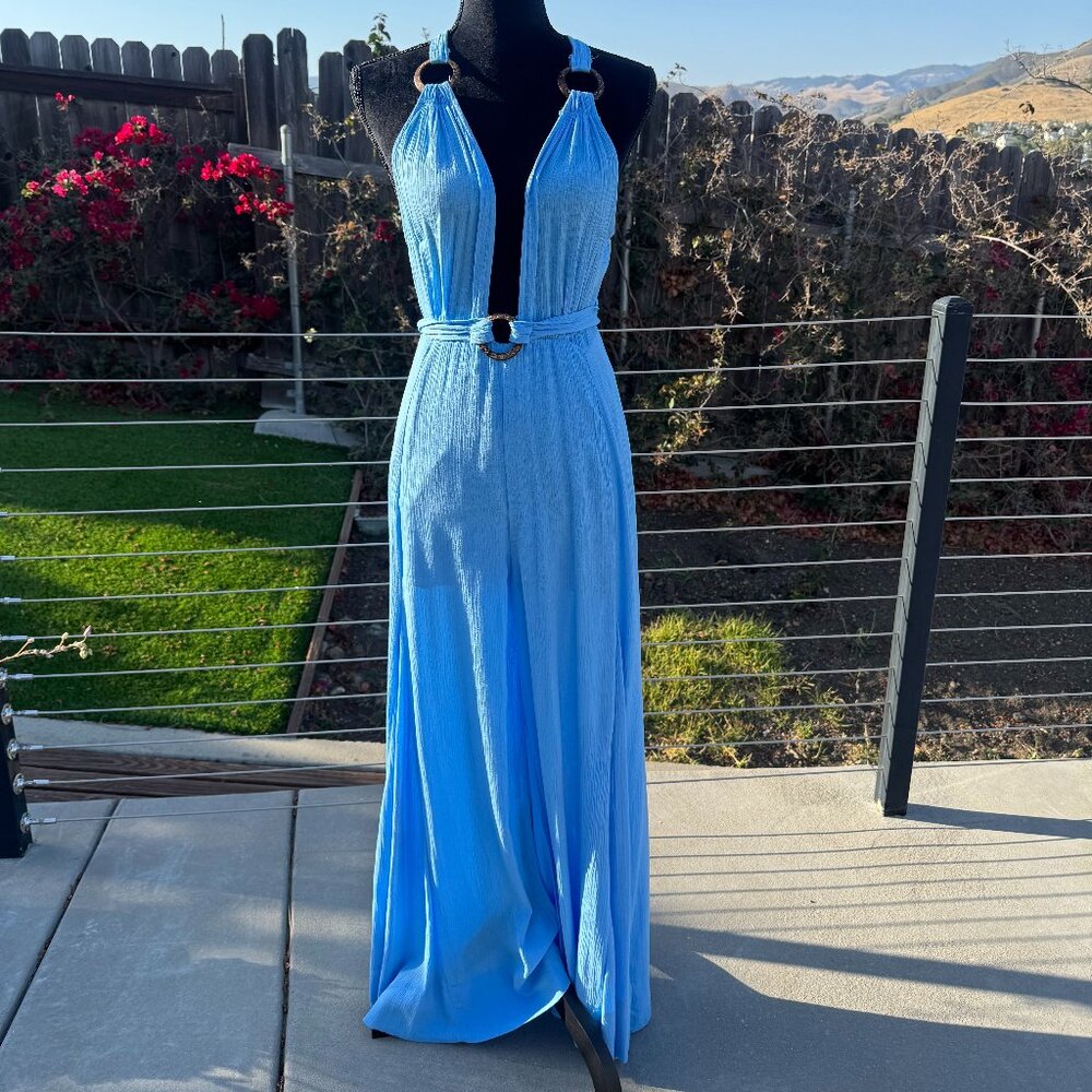 Jumpsuit Olivaceous Bright Blue Deep V Neck  - Size Medium